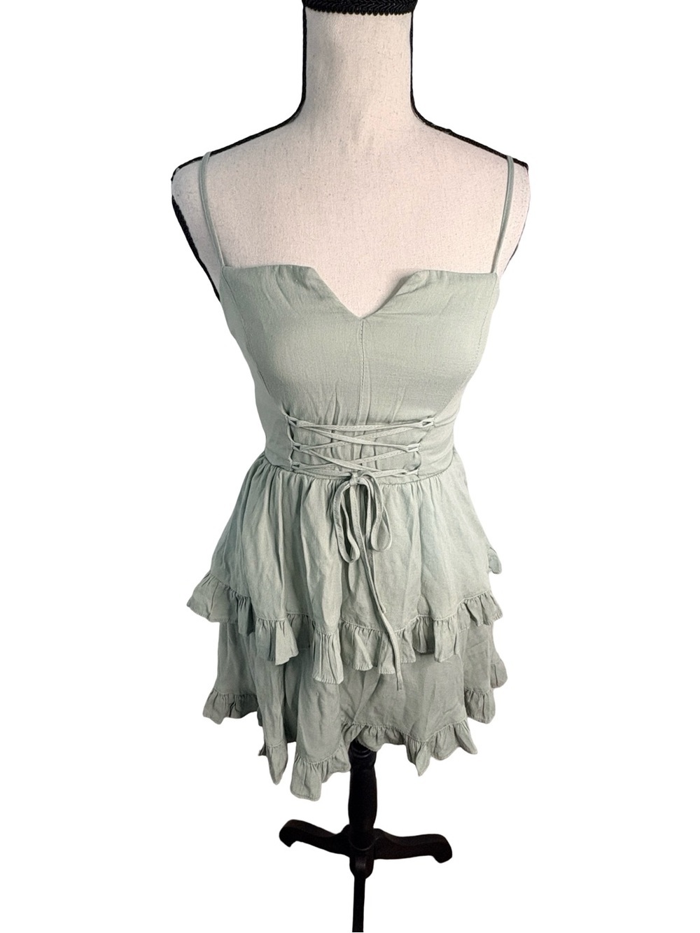 Francesca's Sage Green Lace-Up Ruffle Mini Dress XS Cottagecore